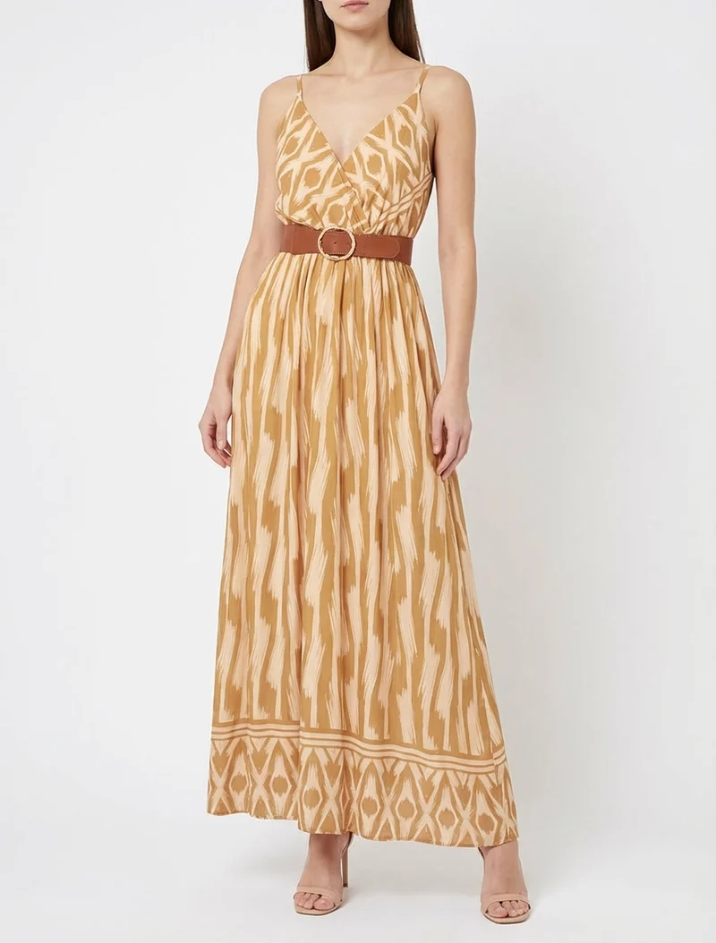Robe taille élastiquée et imprimé fantaisie - Jaune moutarde