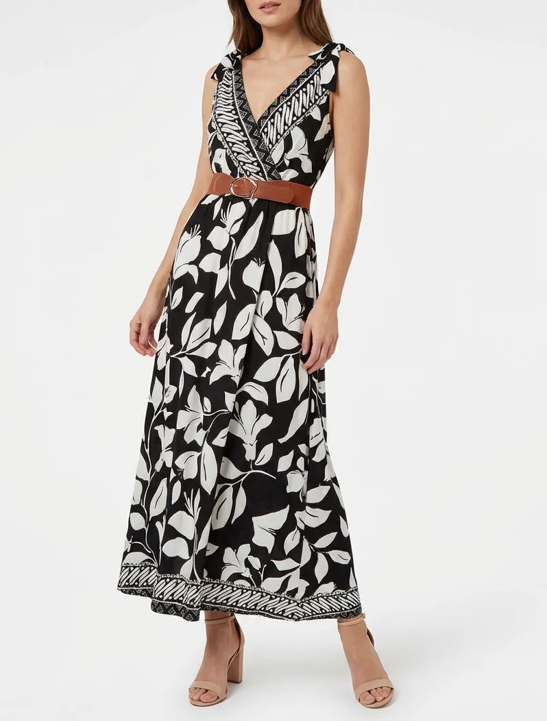 Robe imprimé fleurs tropicales à bretelles à nouer - Noir