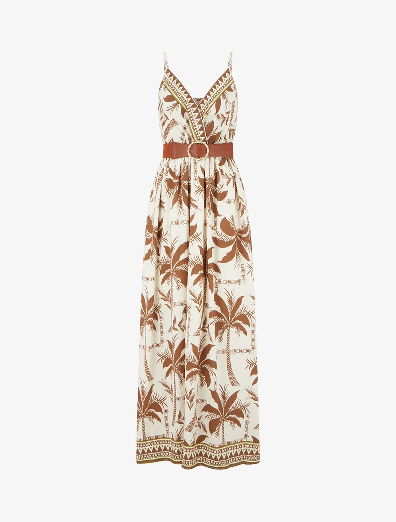 Robe longue à imprimé palmiers - Marron