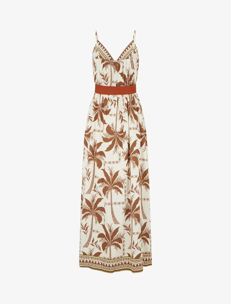 Robe longue à imprimé palmiers - Marron