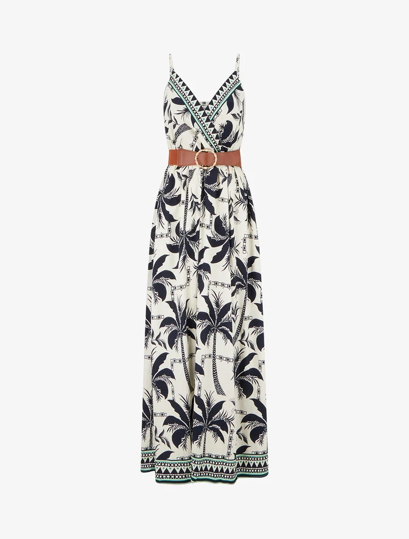 Robe longue à imprimé palmiers - Marine