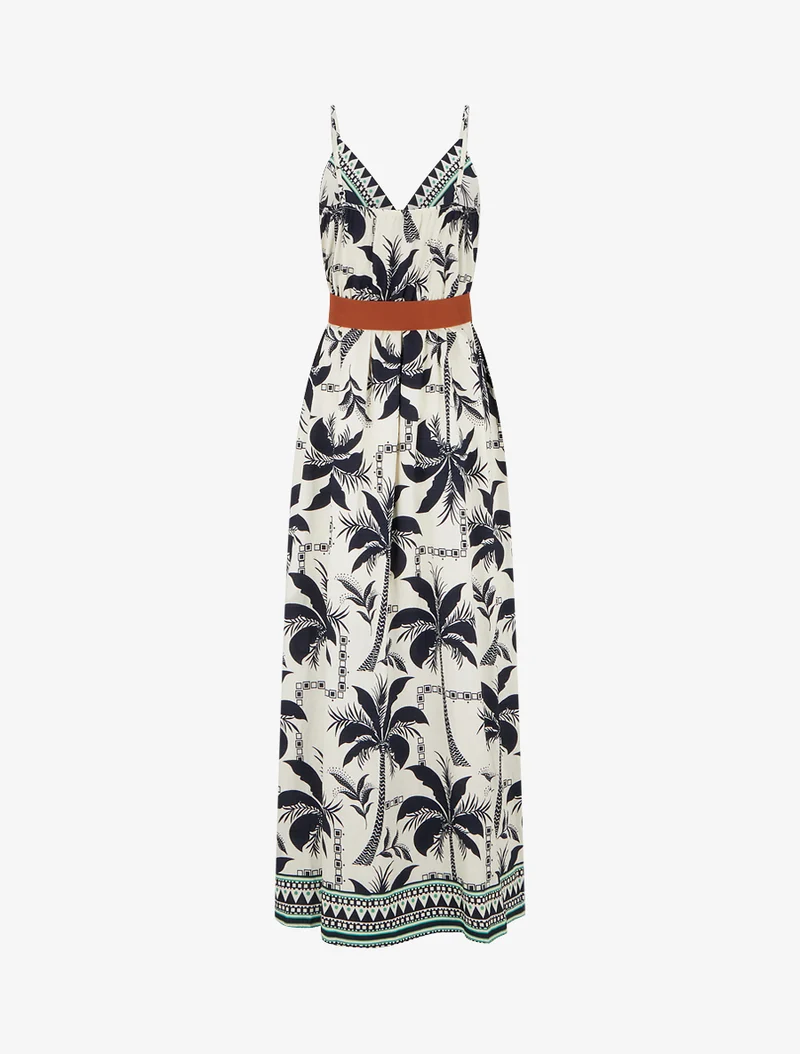Robe longue à imprimé palmiers - Marine