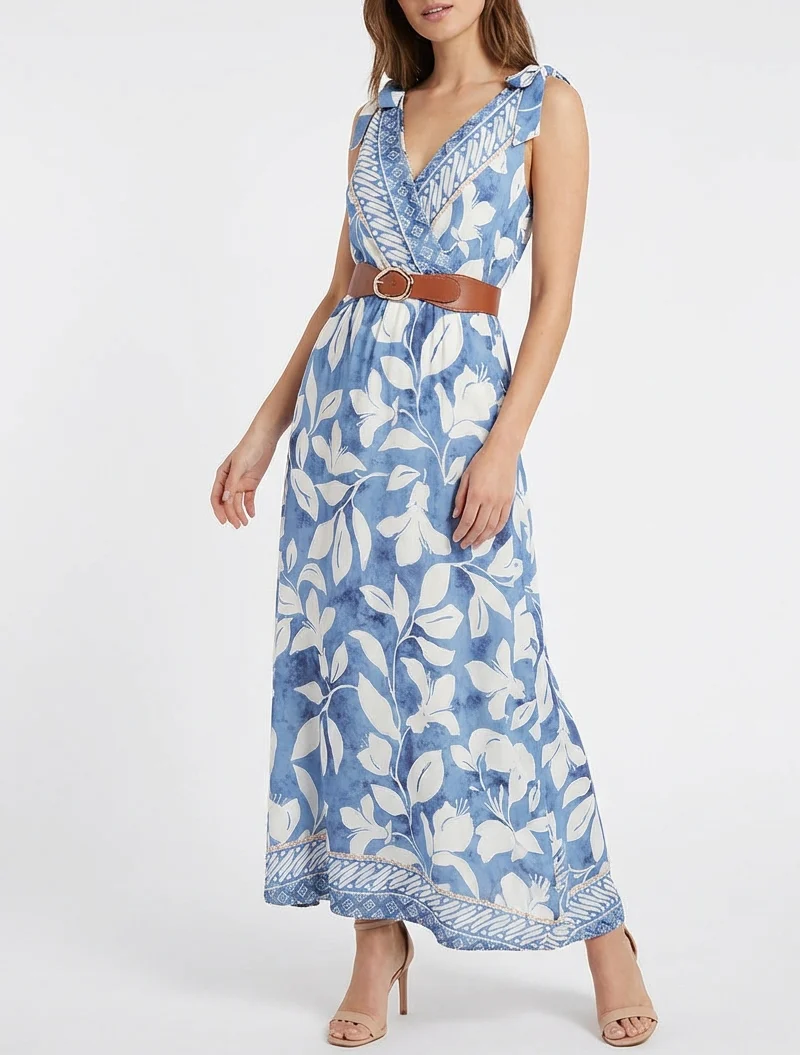 Robe imprimé fleurs tropicales à bretelles à nouer - Bleu clair