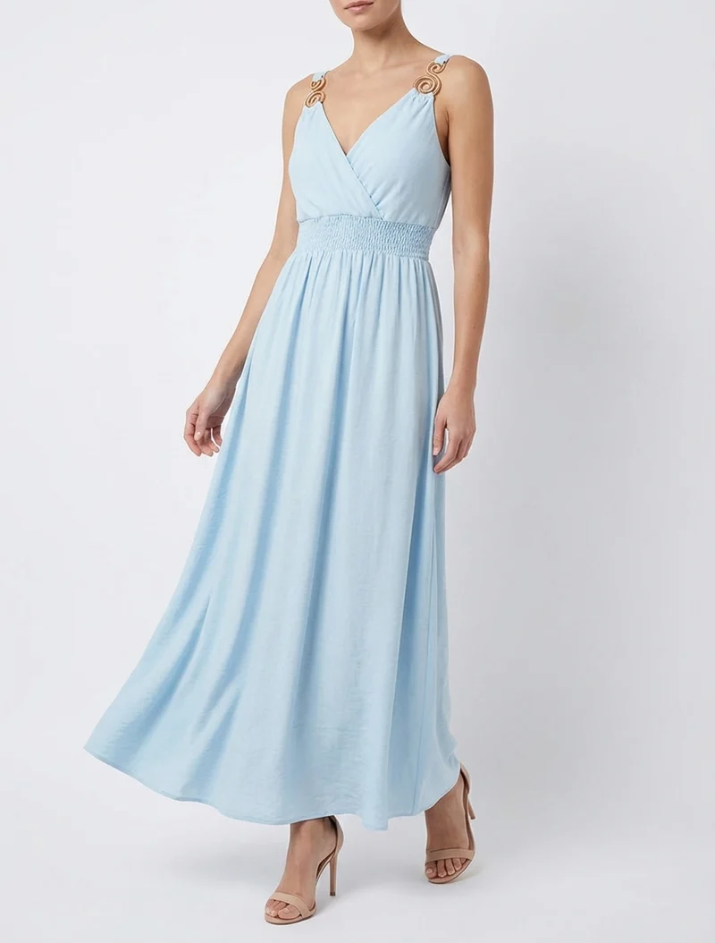 Robe longue à bretelles bijoux - Bleu ciel
