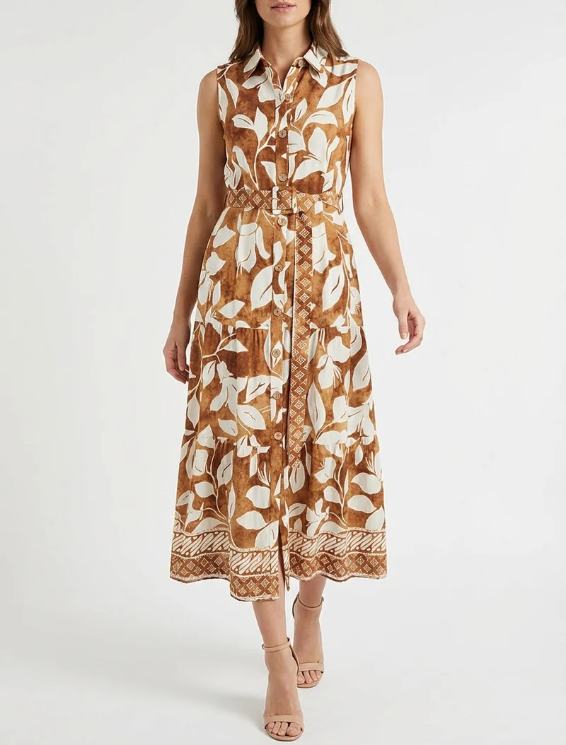 Robe chemise imprimé fleurs tropicales - Camel