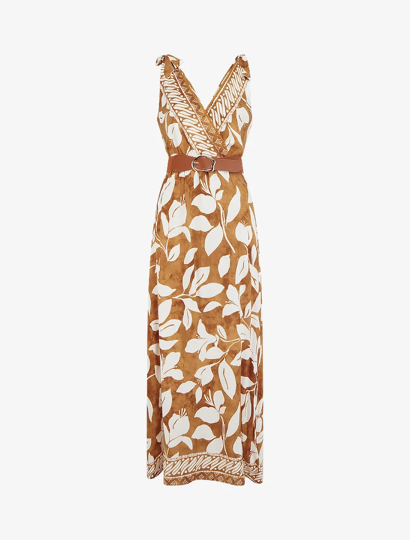 Robe imprimé fleurs tropicales à bretelles à nouer - Camel