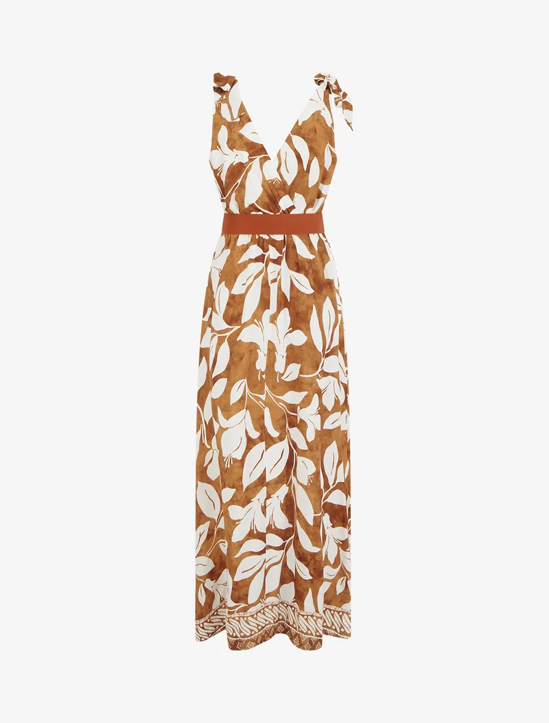 Robe imprimé fleurs tropicales à bretelles à nouer - Camel