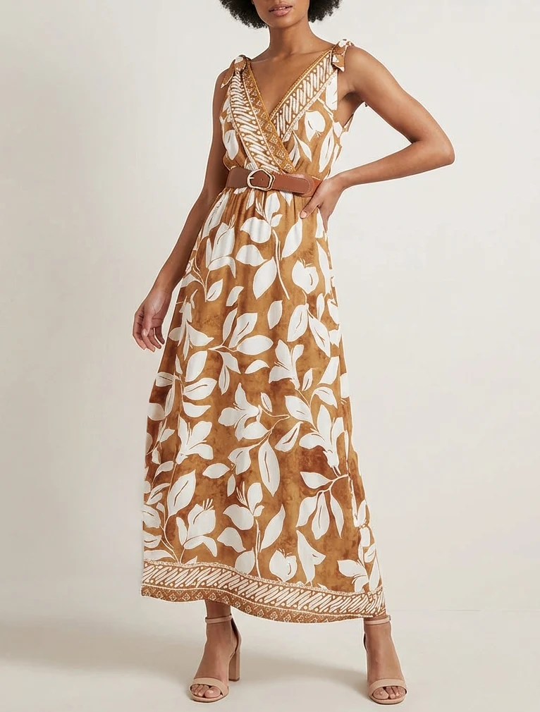 Robe imprimé fleurs tropicales à bretelles à nouer - Camel