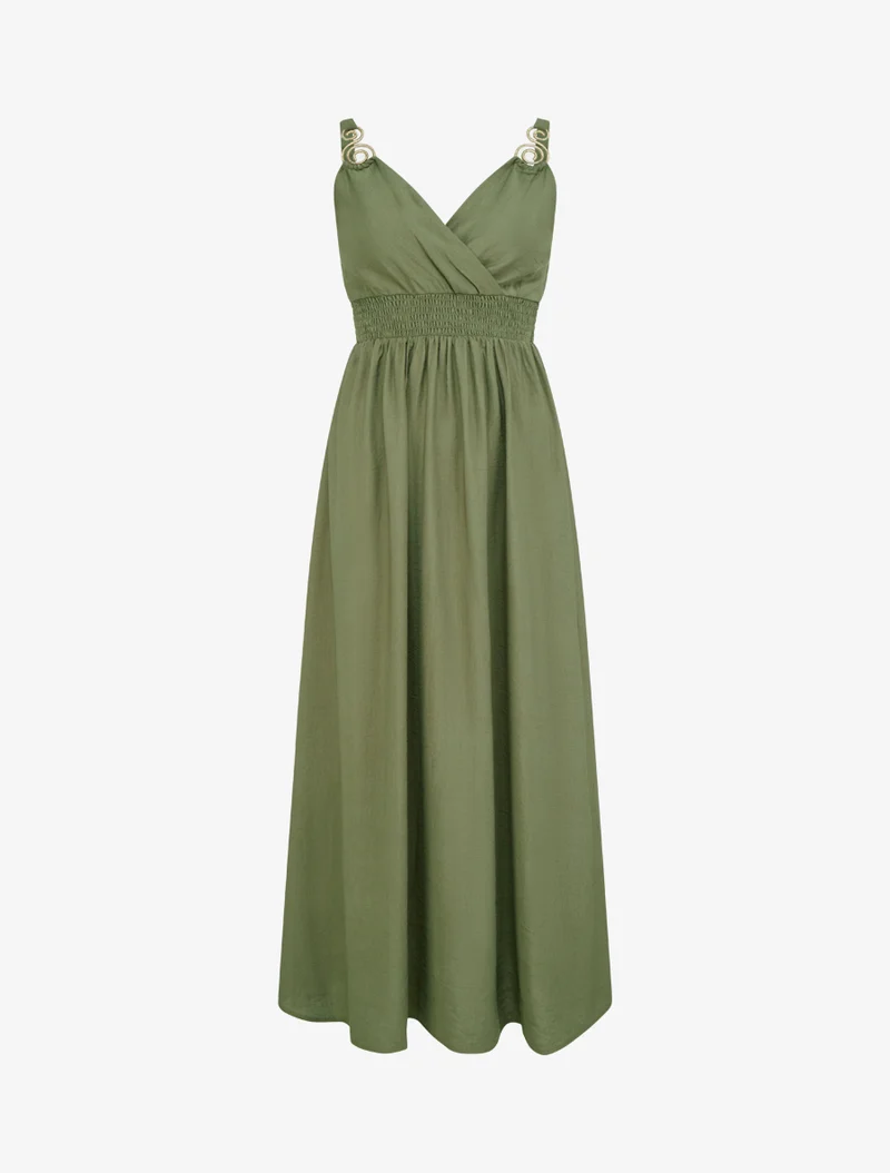 Robe longue à bretelles bijoux - Kaki
