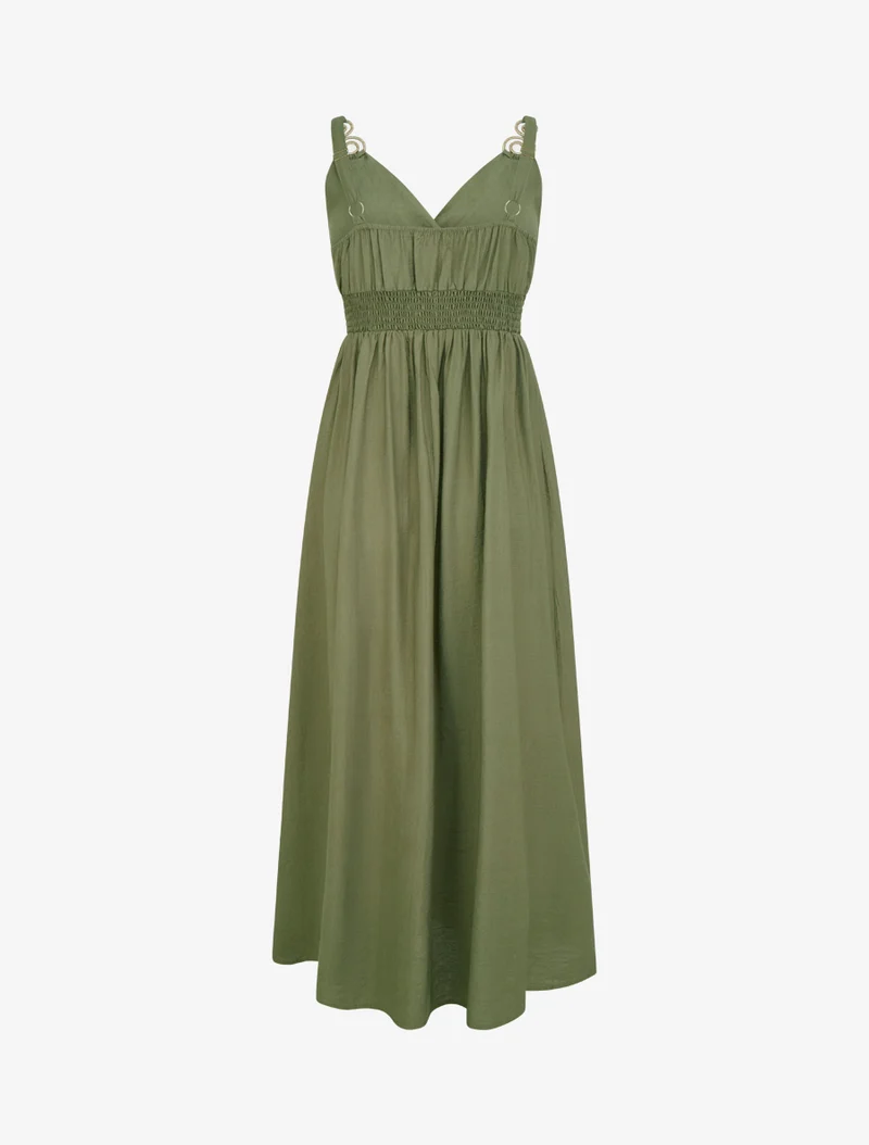Robe longue à bretelles bijoux - Kaki