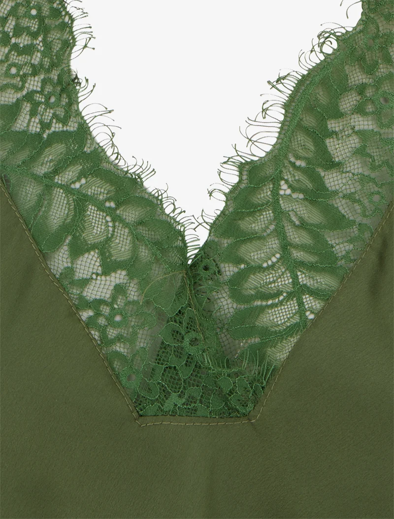 Top satiné à col V en dentelle - Kaki