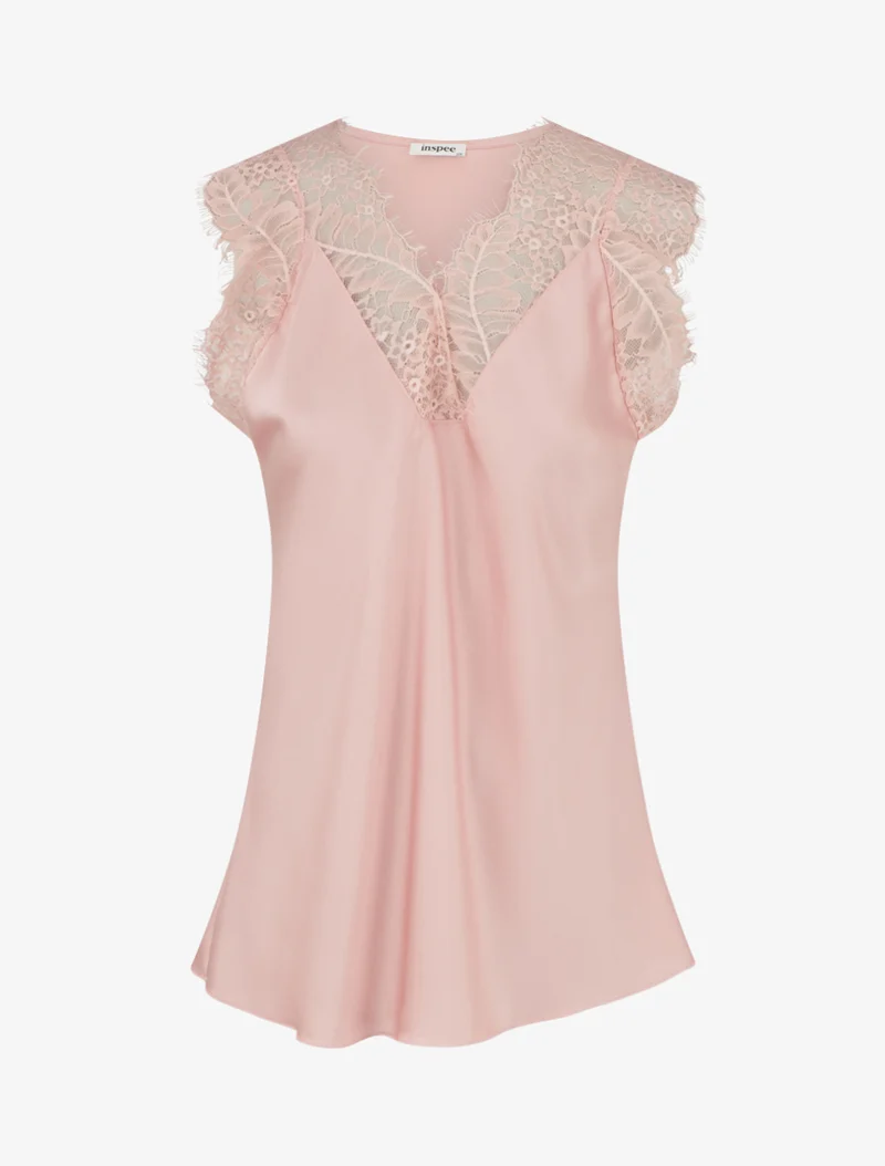 Top satiné à col V en dentelle - Rose