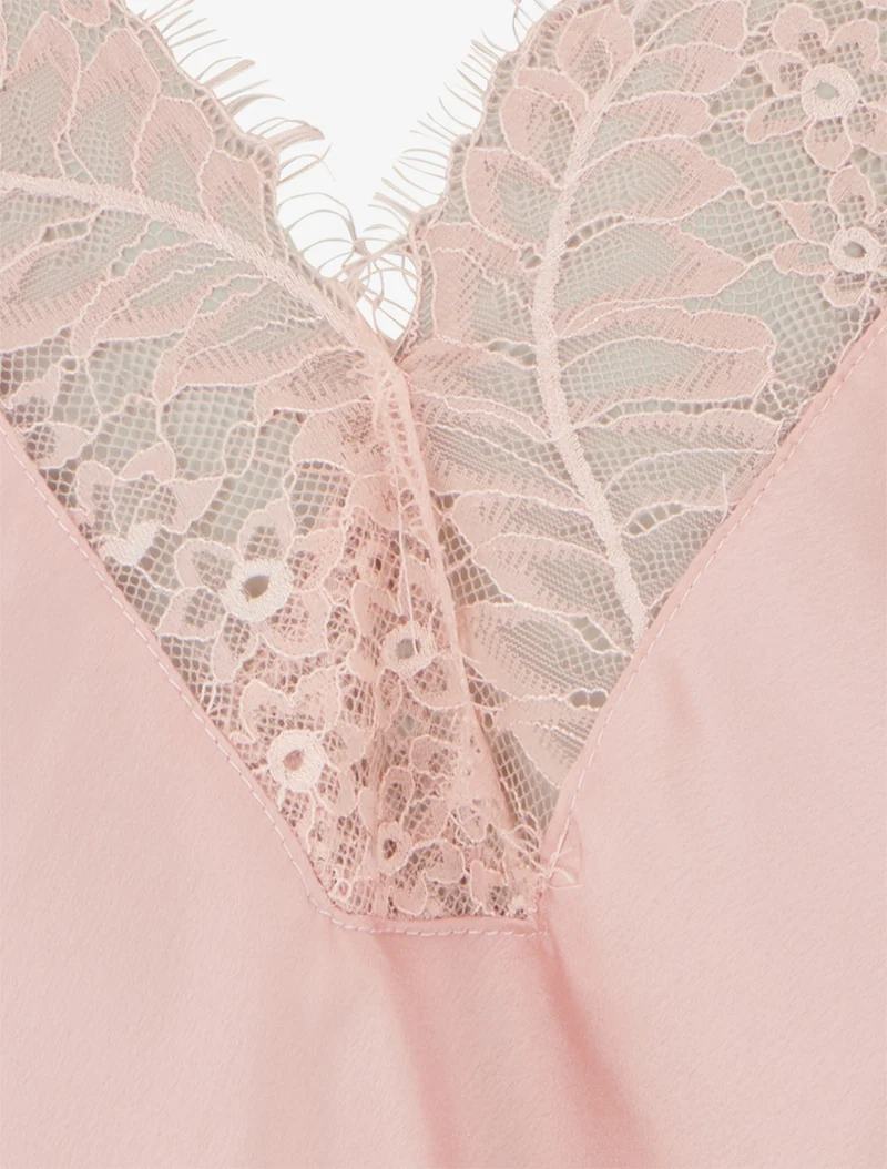 Top satiné à col V en dentelle - Rose