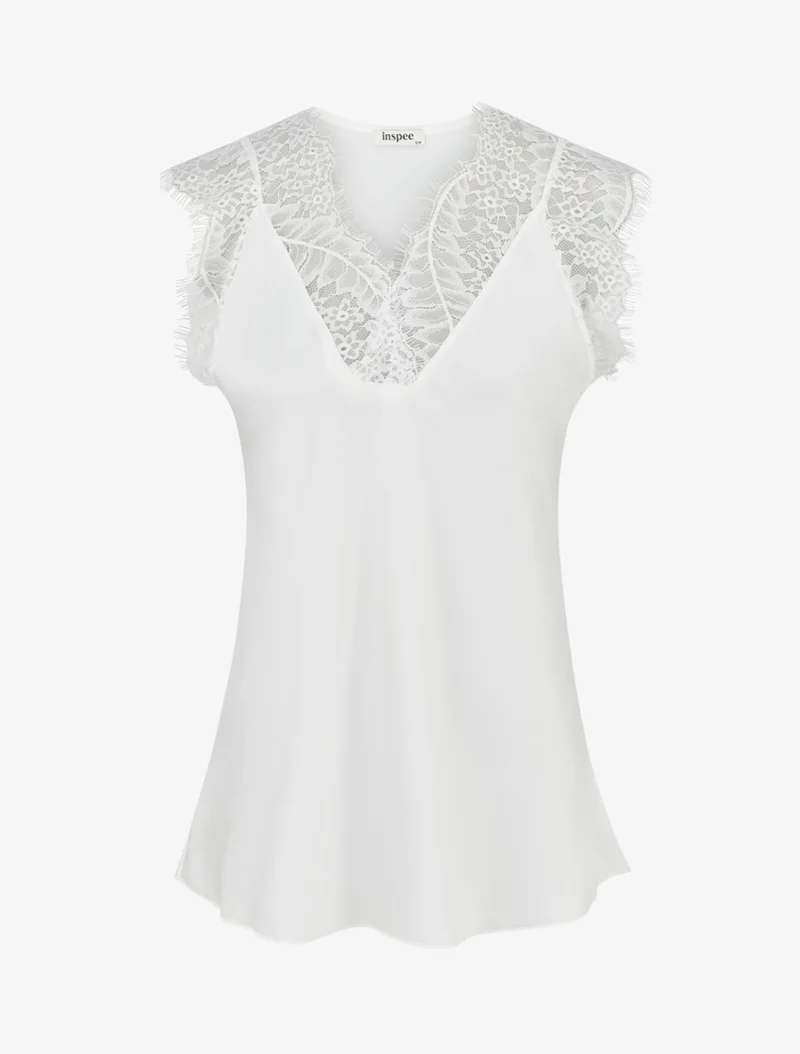 Top satiné à col V en dentelle - Blanc