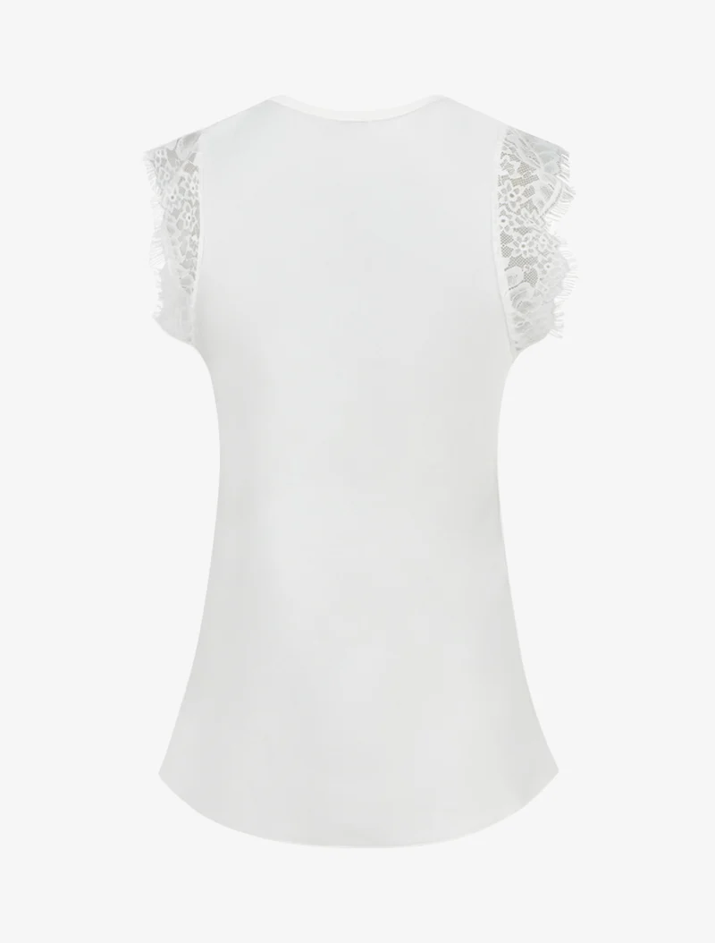 Top satiné à col V en dentelle - Blanc