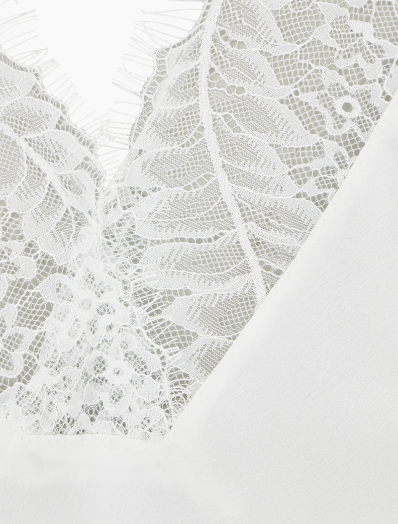 Top satiné à col V en dentelle - Blanc