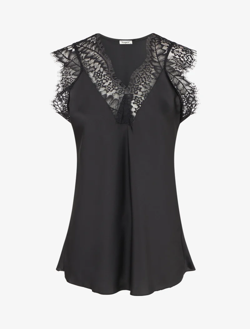 Top satiné à col V en dentelle - Noir
