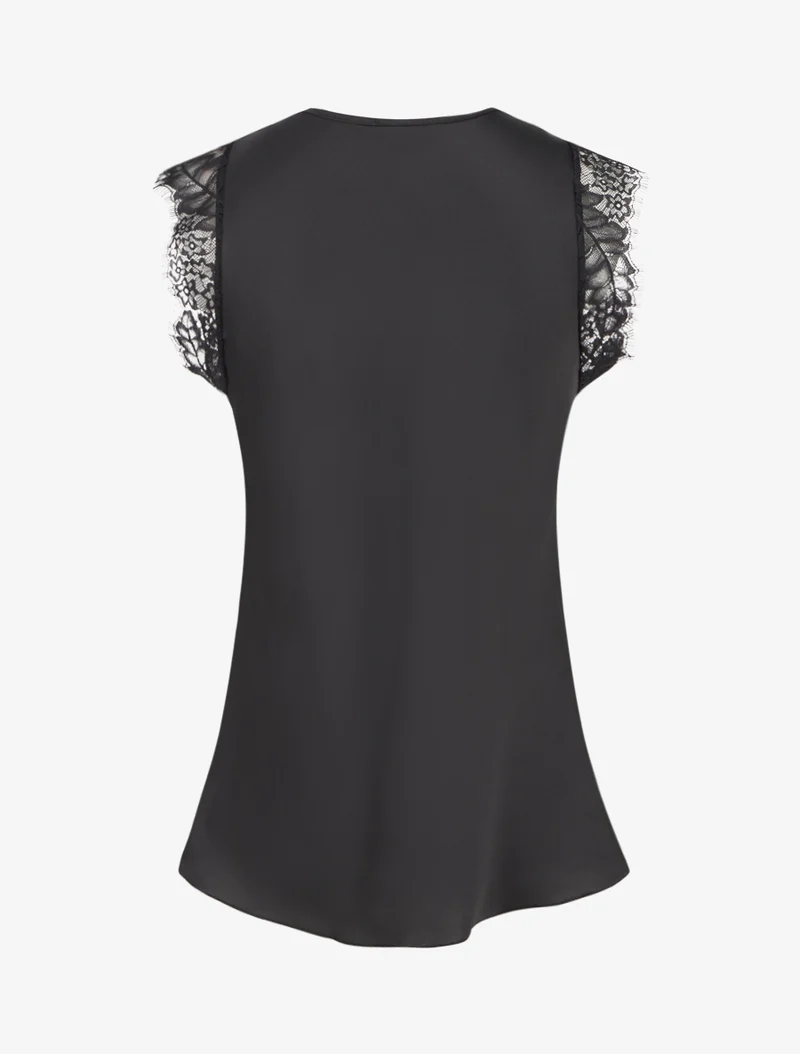 Top satiné à col V en dentelle - Noir