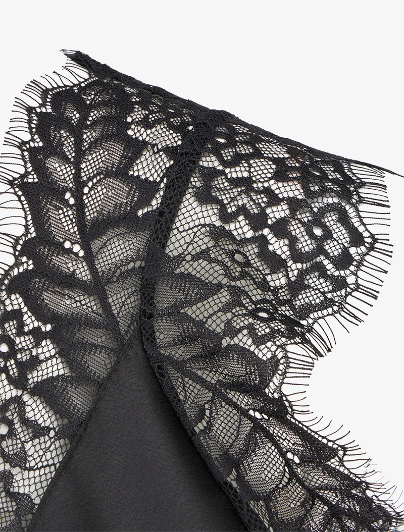 Top satiné à col V en dentelle - Noir