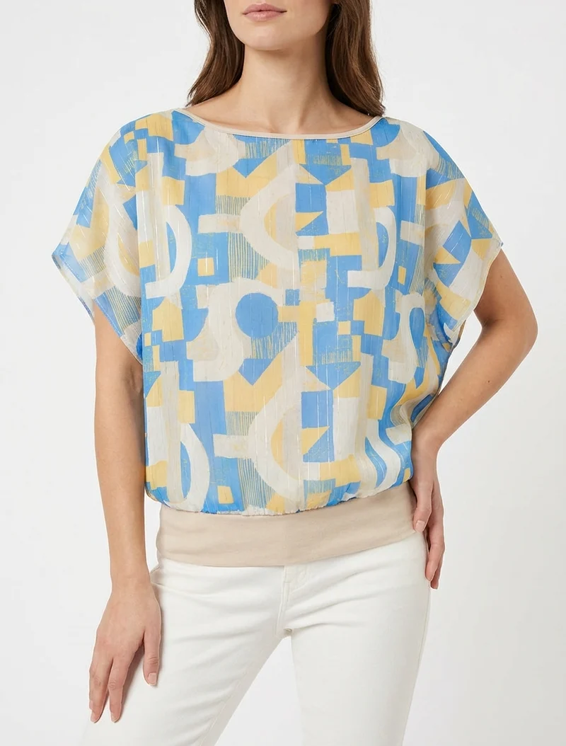 Top boule manches courtes imprimé graphique - Bleu clair