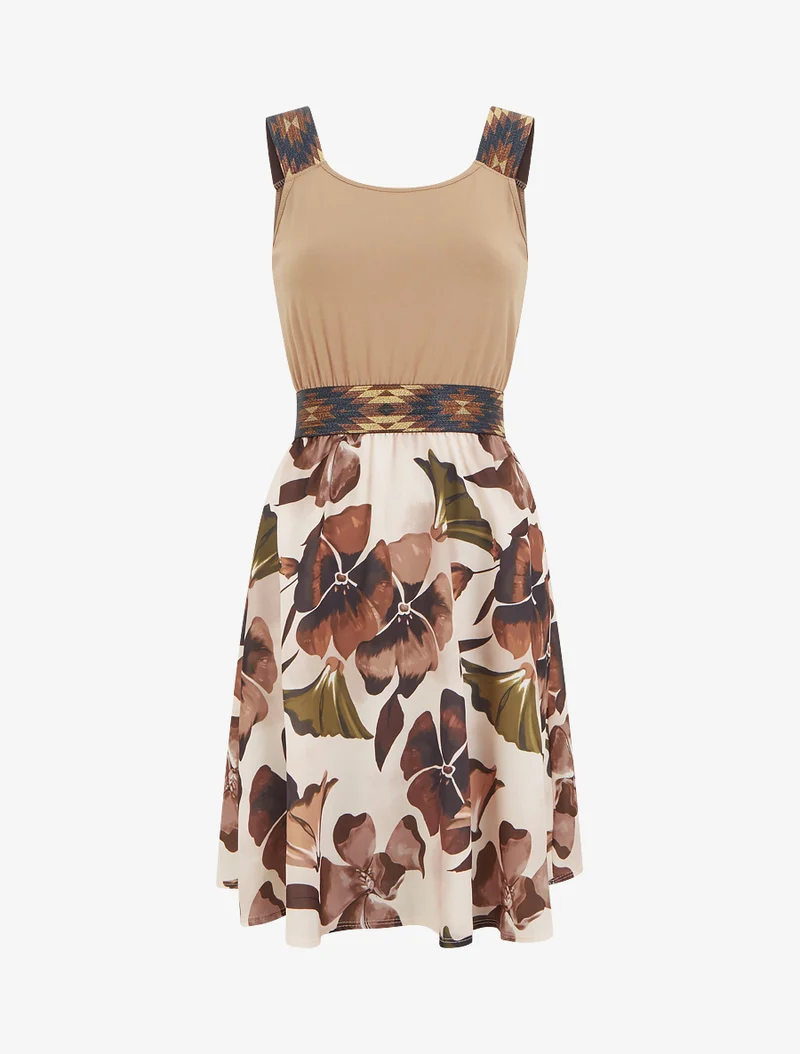 Robe imprimé floral à taille élastiquée fantaisie - Camel