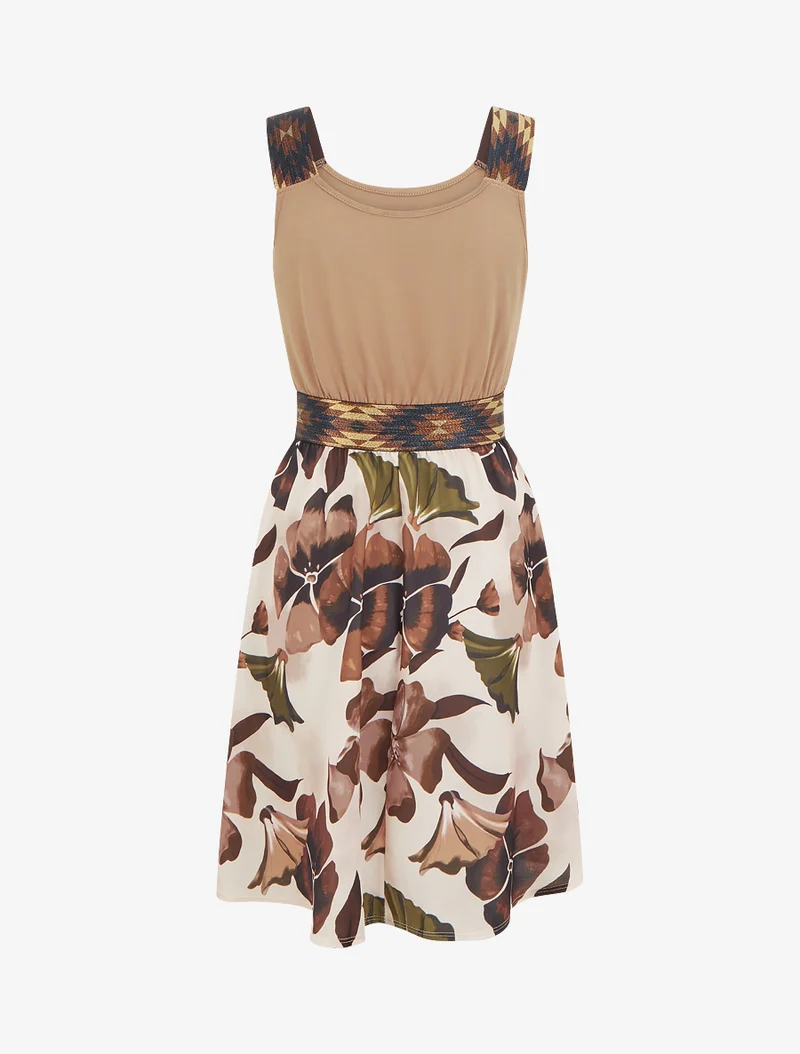 Robe imprimé floral à taille élastiquée fantaisie - Camel