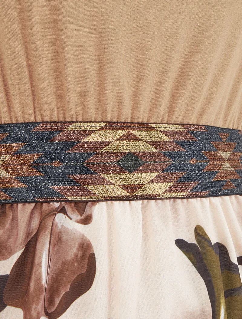 Robe imprimé floral à taille élastiquée fantaisie - Camel