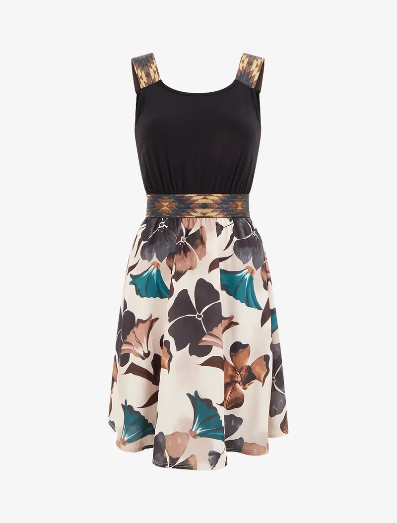 Robe imprimé floral à taille élastiquée fantaisie - Noir