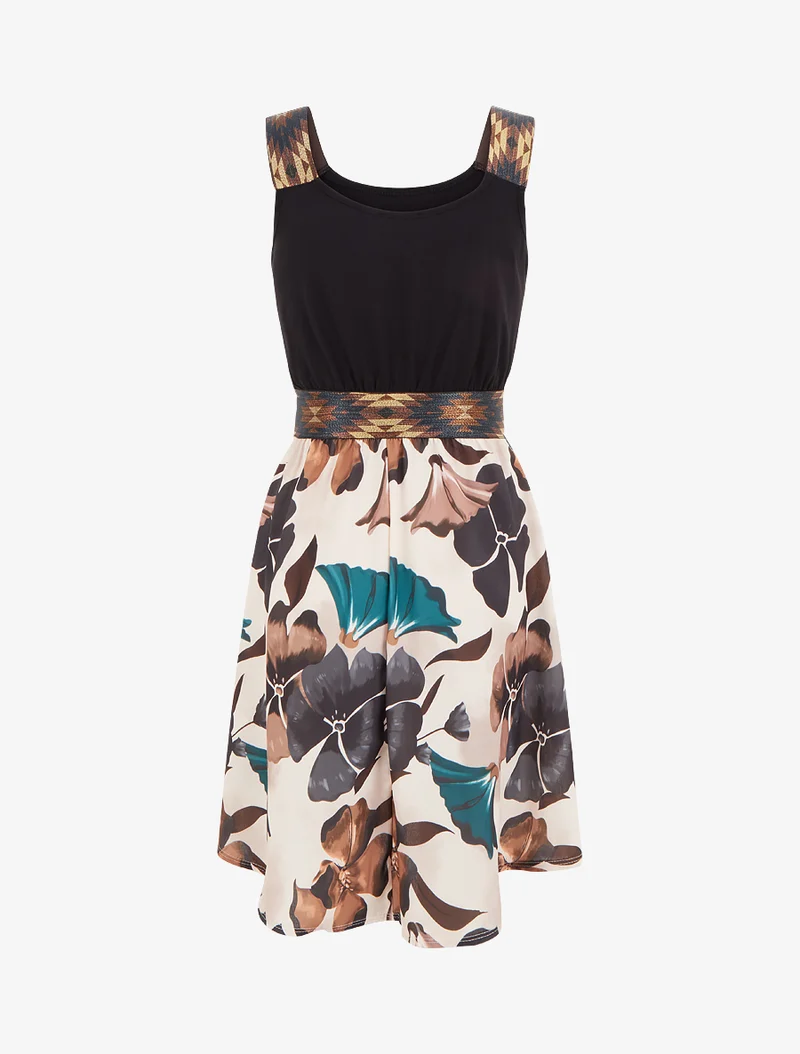 Robe imprimé floral à taille élastiquée fantaisie - Noir