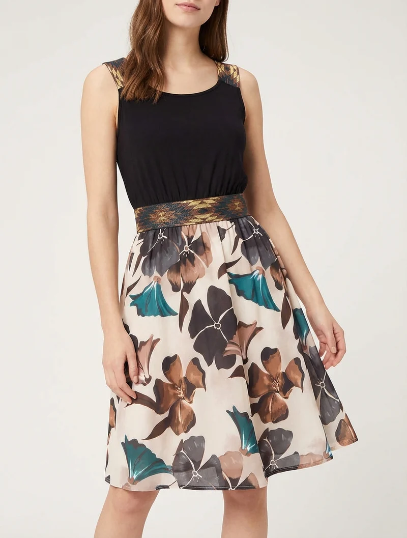 Robe imprimé floral à taille élastiquée fantaisie - Noir