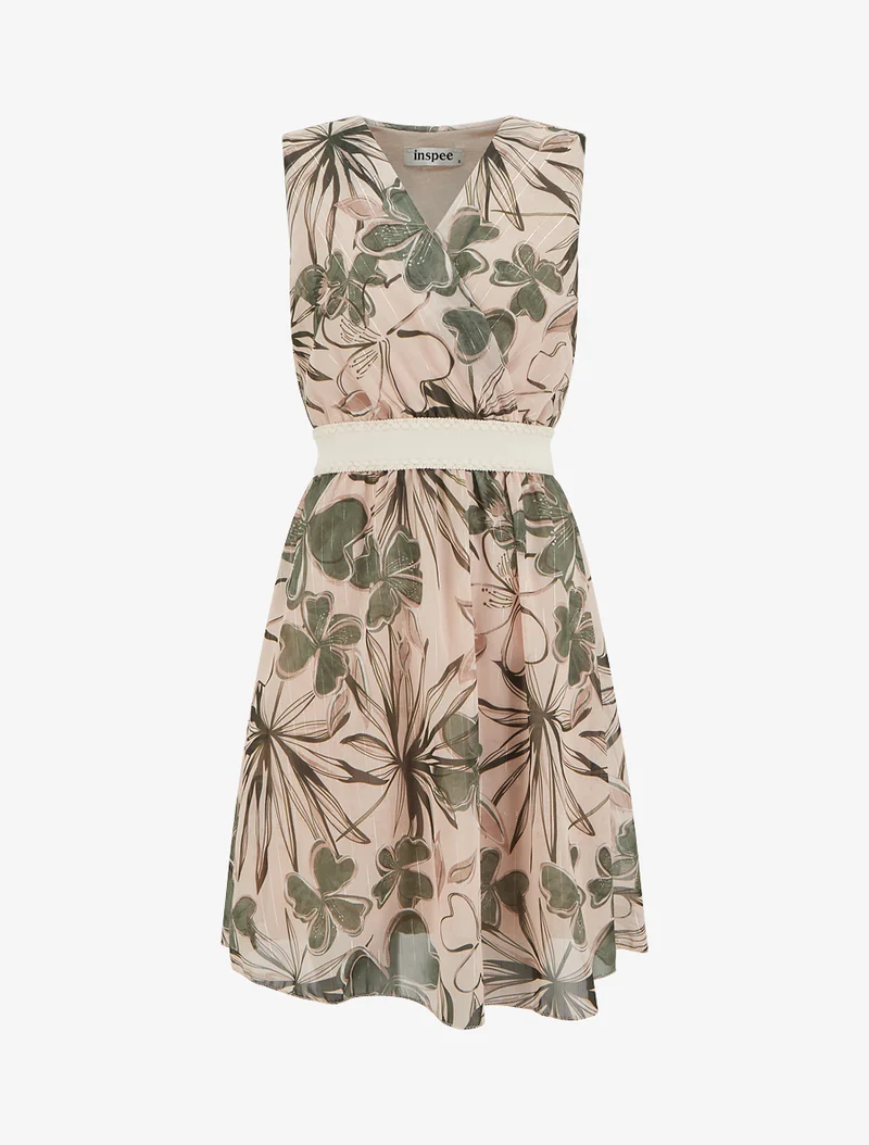 Robe patineuse sans manches imprimé fleuri - Kaki