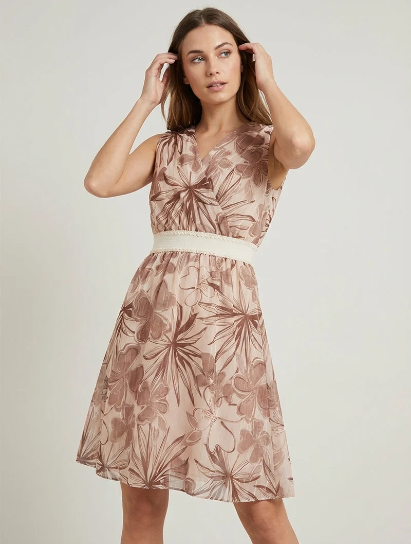 Robe patineuse sans manches imprimé fleuri - Marron
