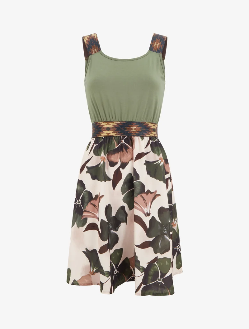 Robe imprimé floral à taille élastiquée fantaisie - Kaki