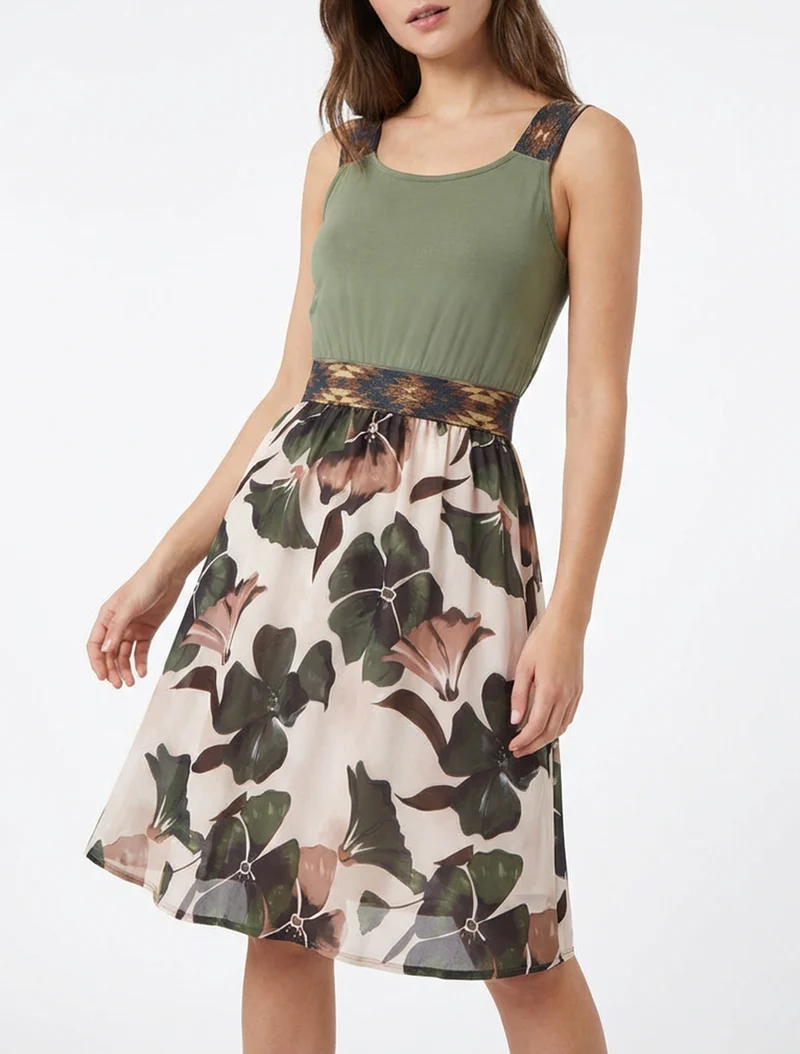 Robe imprimé floral à taille élastiquée fantaisie - Kaki