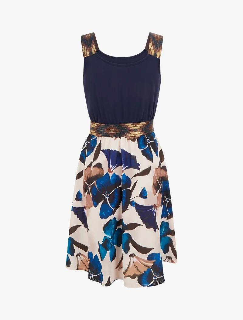 Robe imprimé floral à taille élastiquée fantaisie - Marine