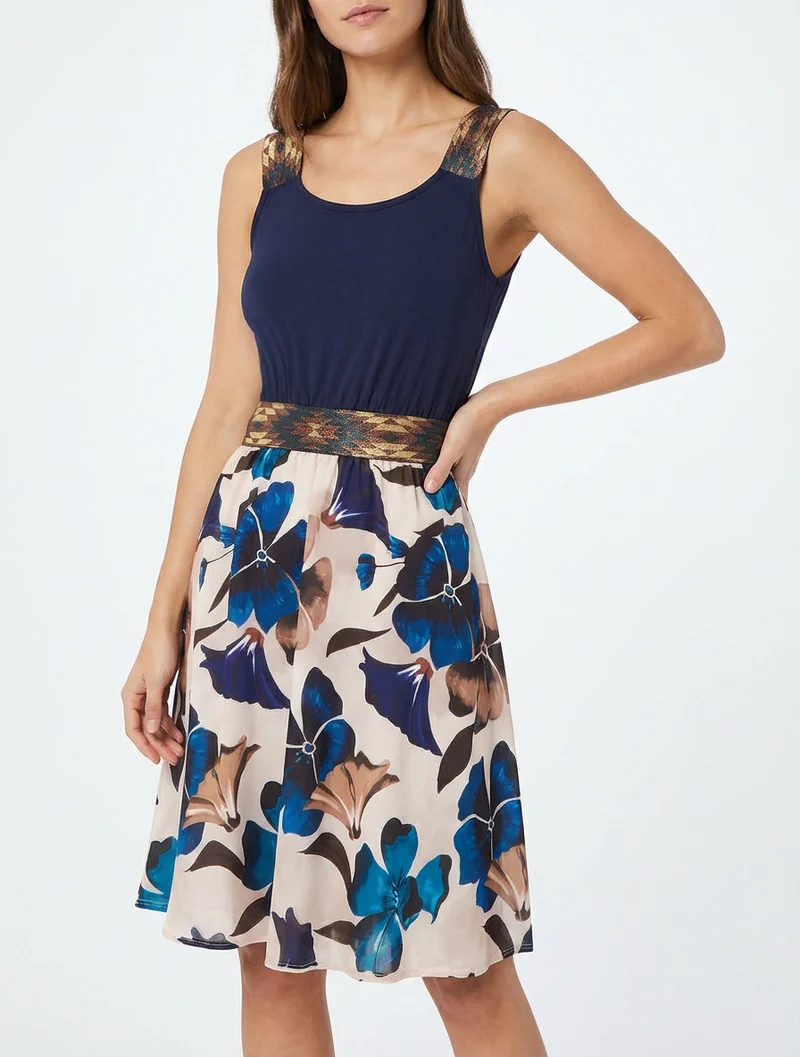 Robe imprimé floral à taille élastiquée fantaisie - Marine