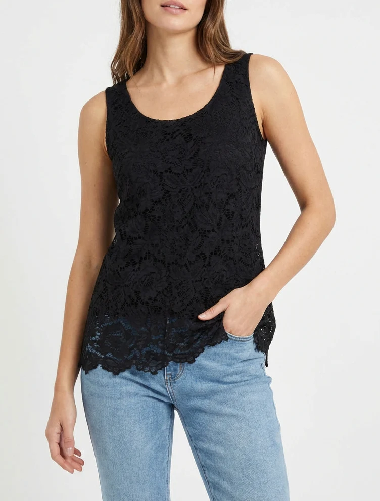 Top sans manches en dentelle à col U - Noir