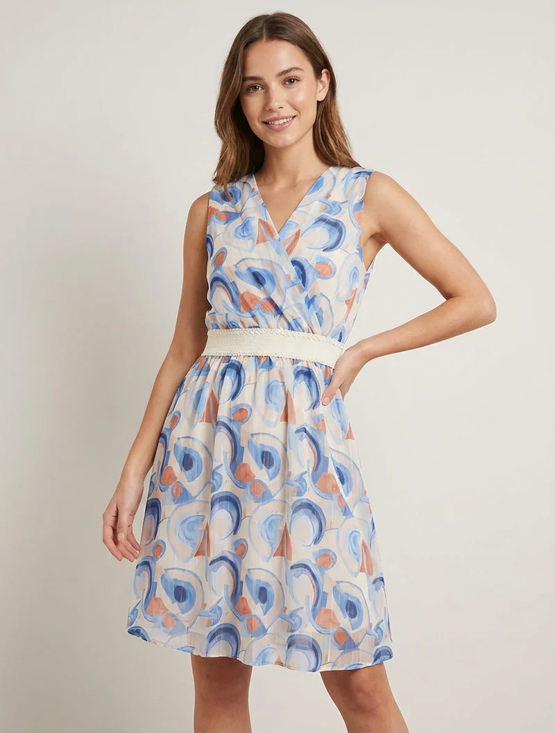 Robe patineuse sans manches imprimé graphique - Bleu ciel