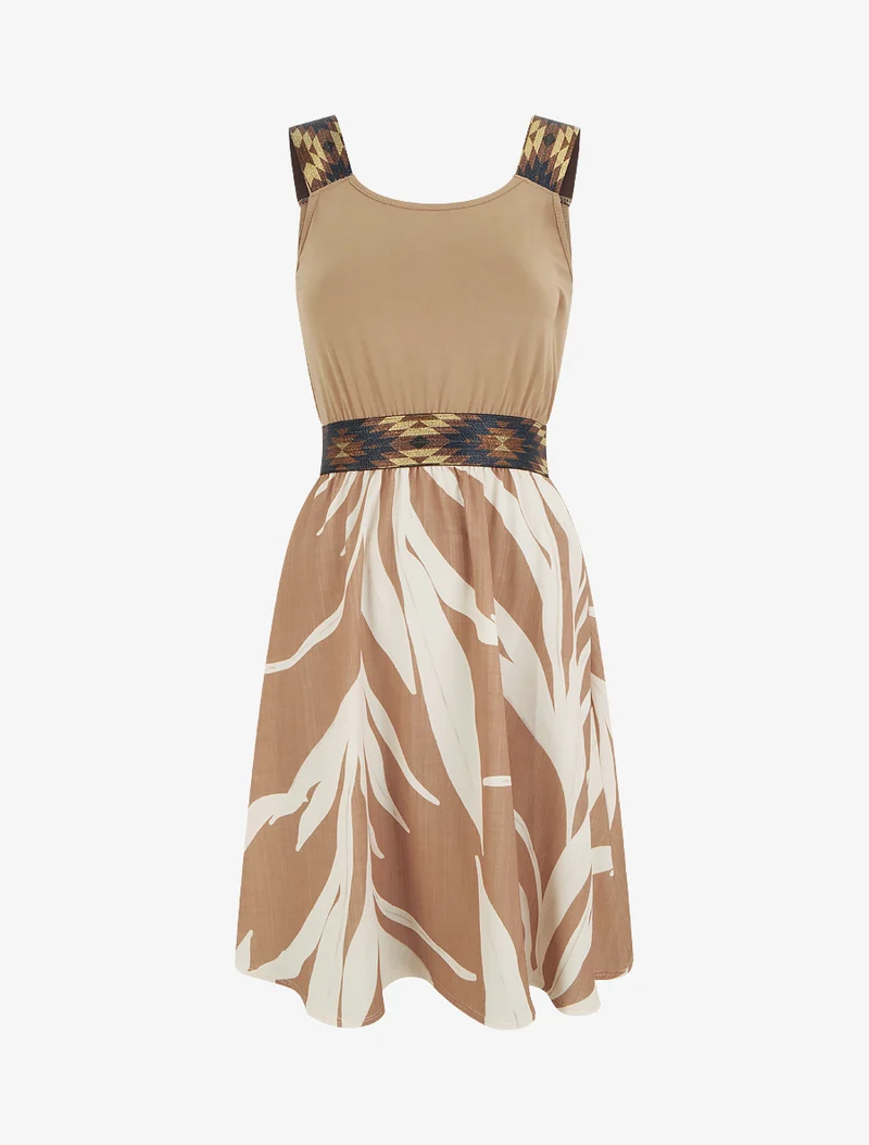 Robe imprimé graphique à taille élastiquée fantaisie - Camel