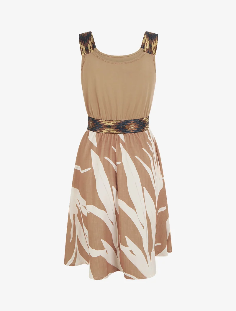 Robe imprimé graphique à taille élastiquée fantaisie - Camel