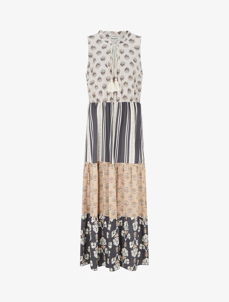 Robe longue sans manches à patchwork floral - Noir