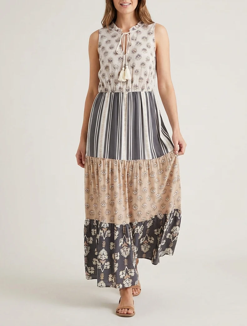Robe longue sans manches à patchwork floral - Noir