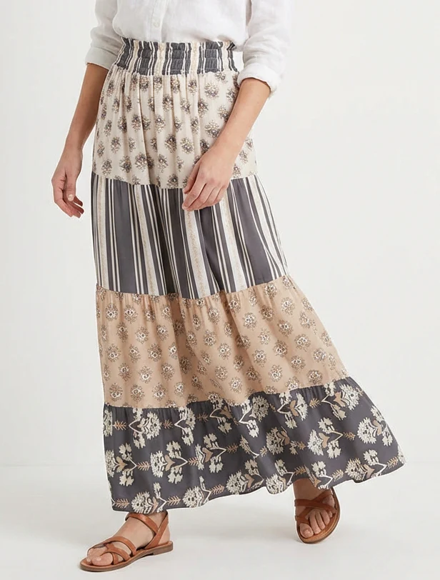 Jupe longue patchwork coupe évasée - Gris foncé