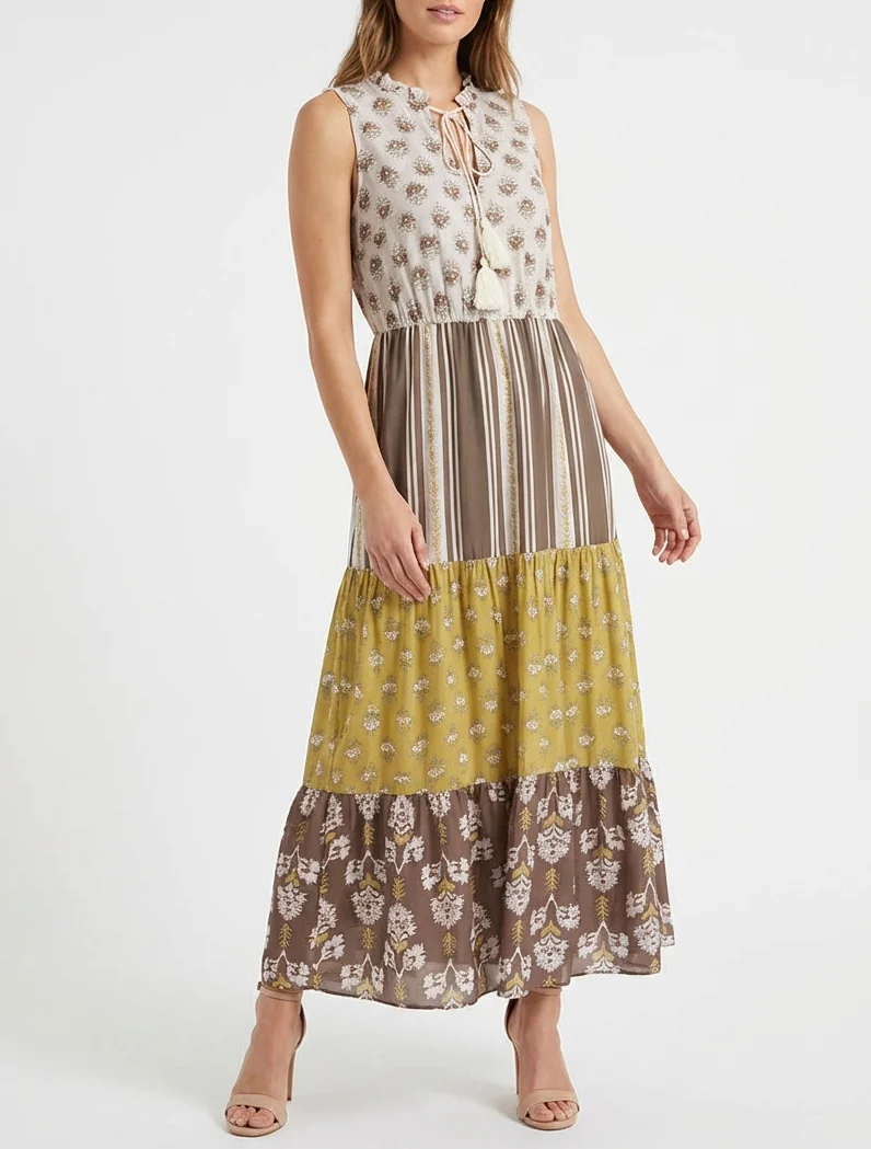 Robe longue sans manches à patchwork floral - Taupe
