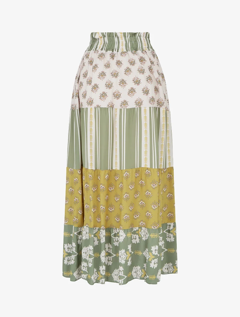 Jupe longue patchwork coupe évasée - Vert olive