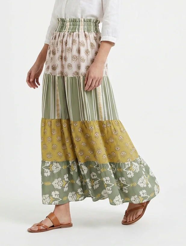 Jupe longue patchwork coupe évasée - Vert olive