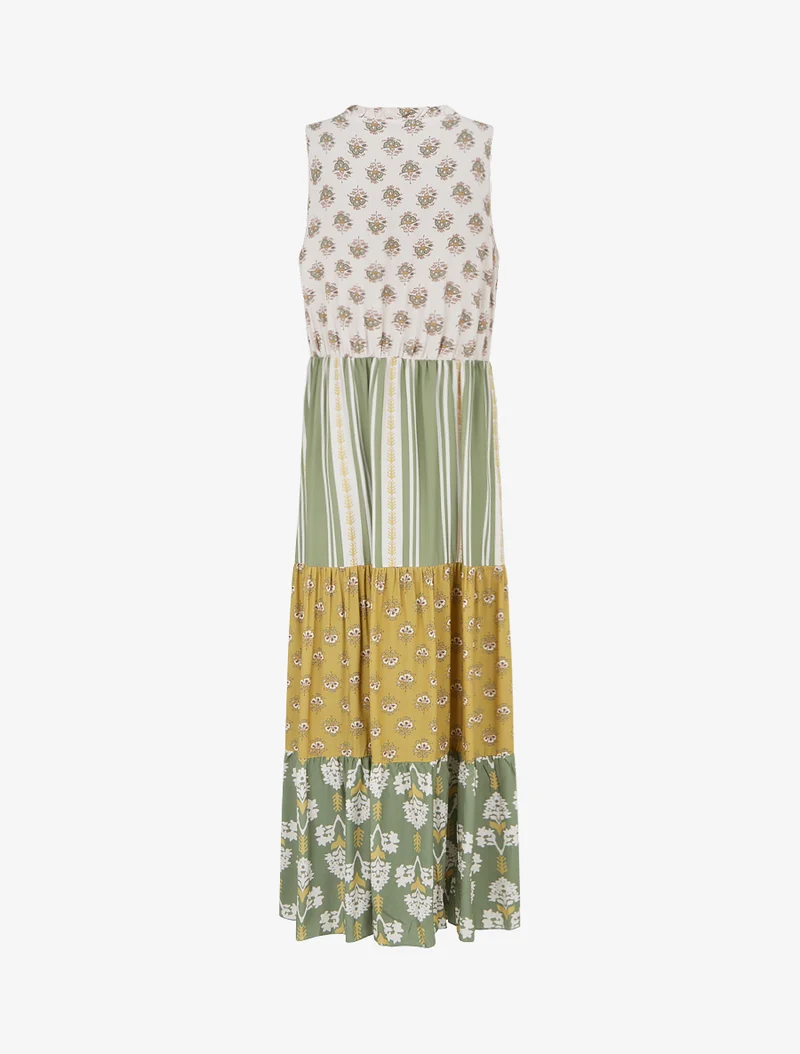 Robe longue sans manches à patchwork floral - Kaki