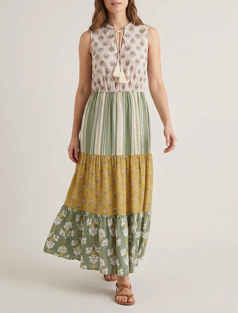 Robe longue sans manches à patchwork floral - Kaki