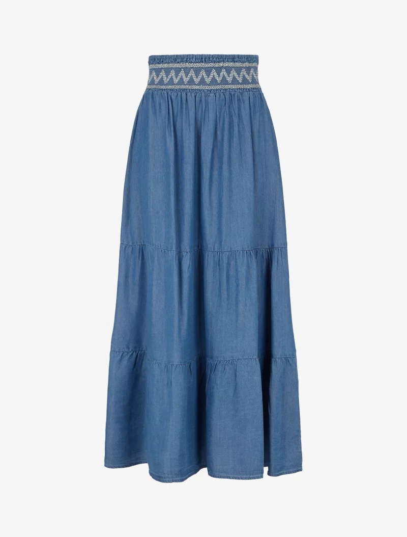 Jupe longue évasée à taille élastiquée fantaisie - Bleu denim