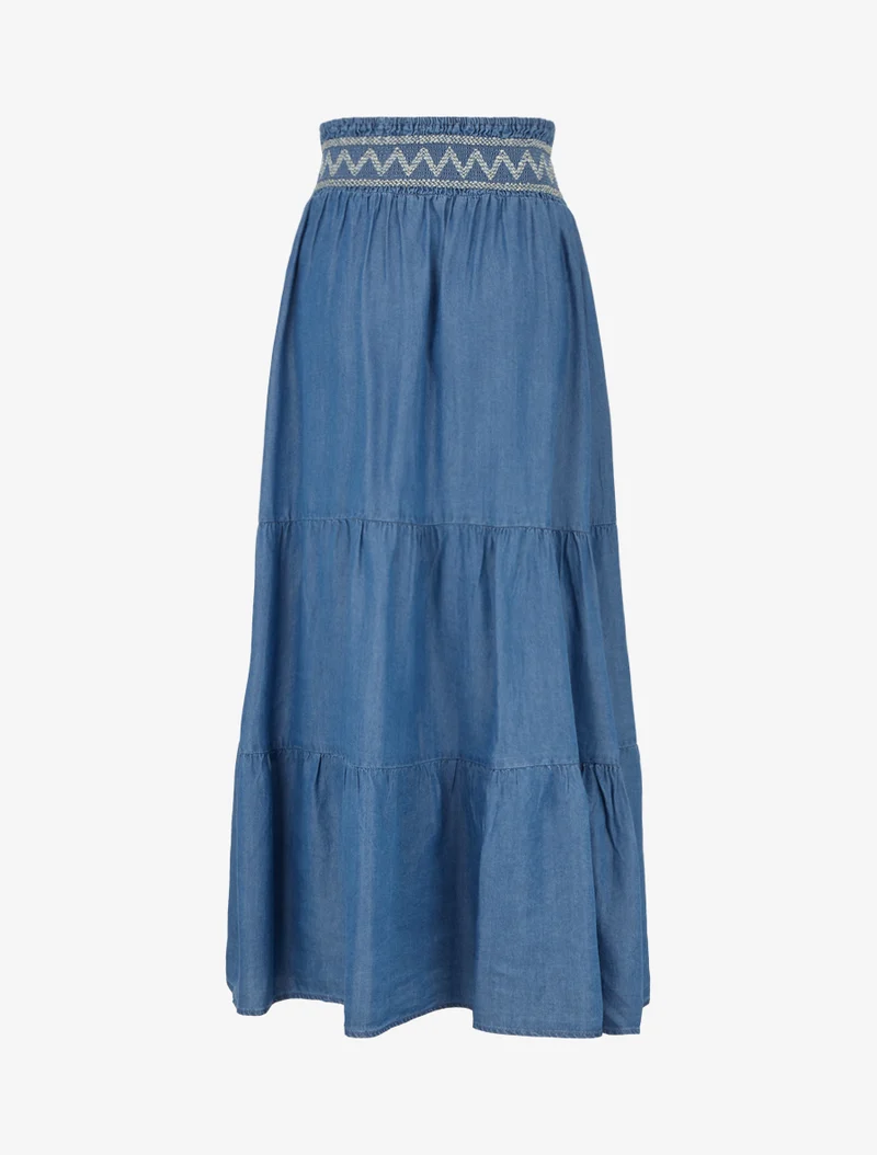 Jupe longue évasée à taille élastiquée fantaisie - Bleu denim